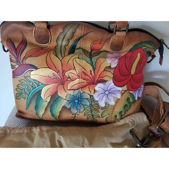 Anuschka Shoulder Bag Purse Tropical Paradise Hibiscus Leather Hand Painted - Picture 2 of 10